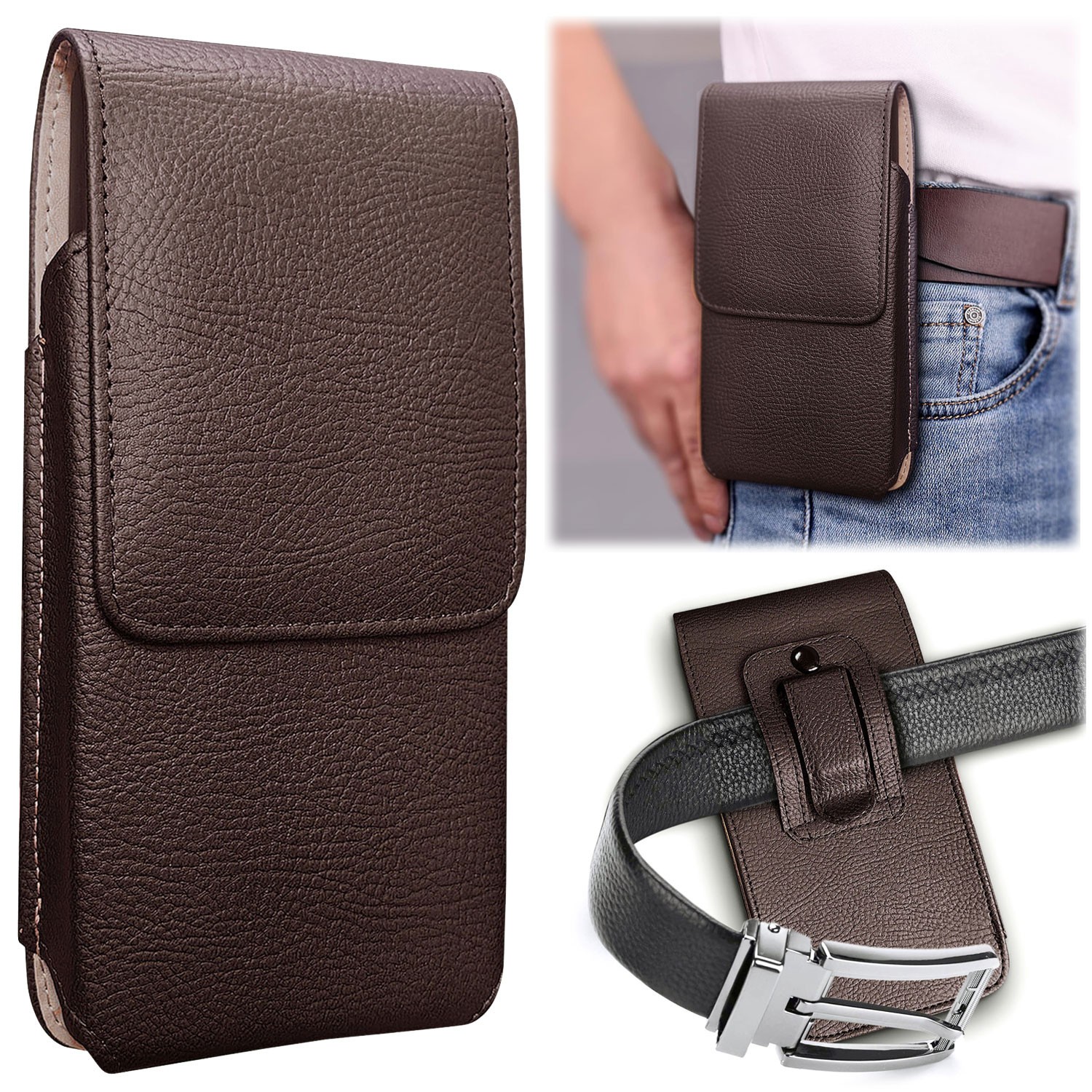 For iPhone 17 16 15 14 13 12 11 Premium Leather Vertical Carry Pouch Case Cover