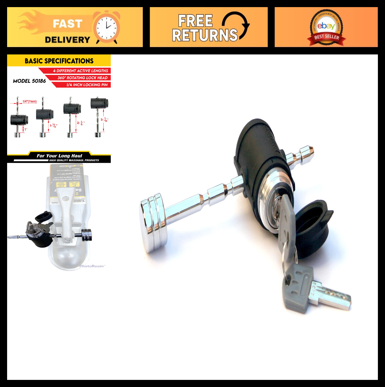Adjustable Trailer Tongue Coupler Lock - Fits 1" to 3" Latch-Type, 1/4" Pin