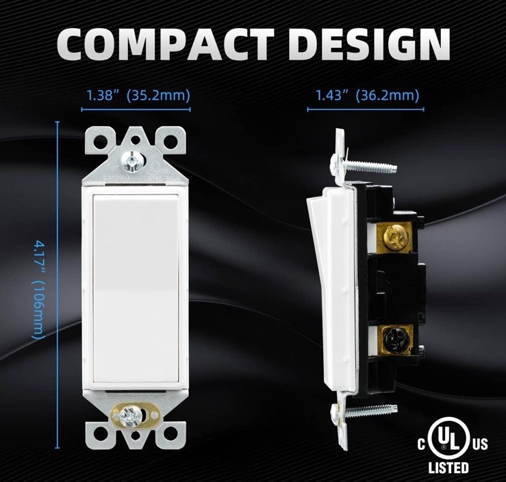 20 Pack Glossy White Single Pole Decorator Light Switch, 15Amp, 120-277V, UL