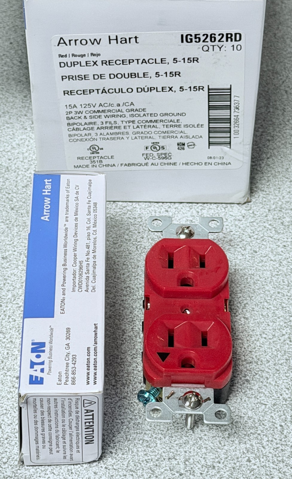 NEW Lot of 10 Eaton Arrow Hart IG5262RD Red Commercial Duplex Receptacle Outlets