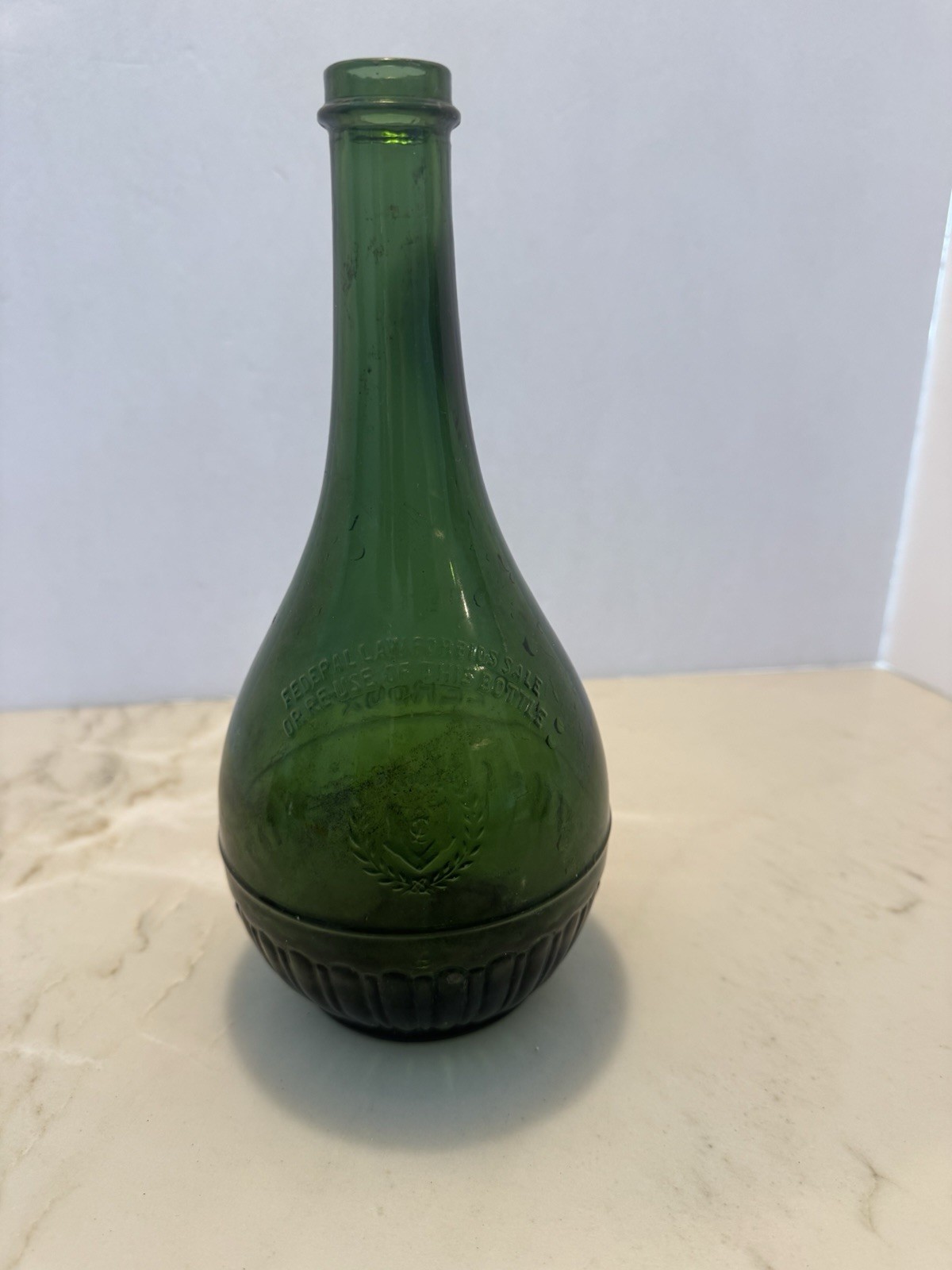 Vintage Leroux Green Glass Liquor Bottle Embossed Federal Law R-10 1940s 1950s