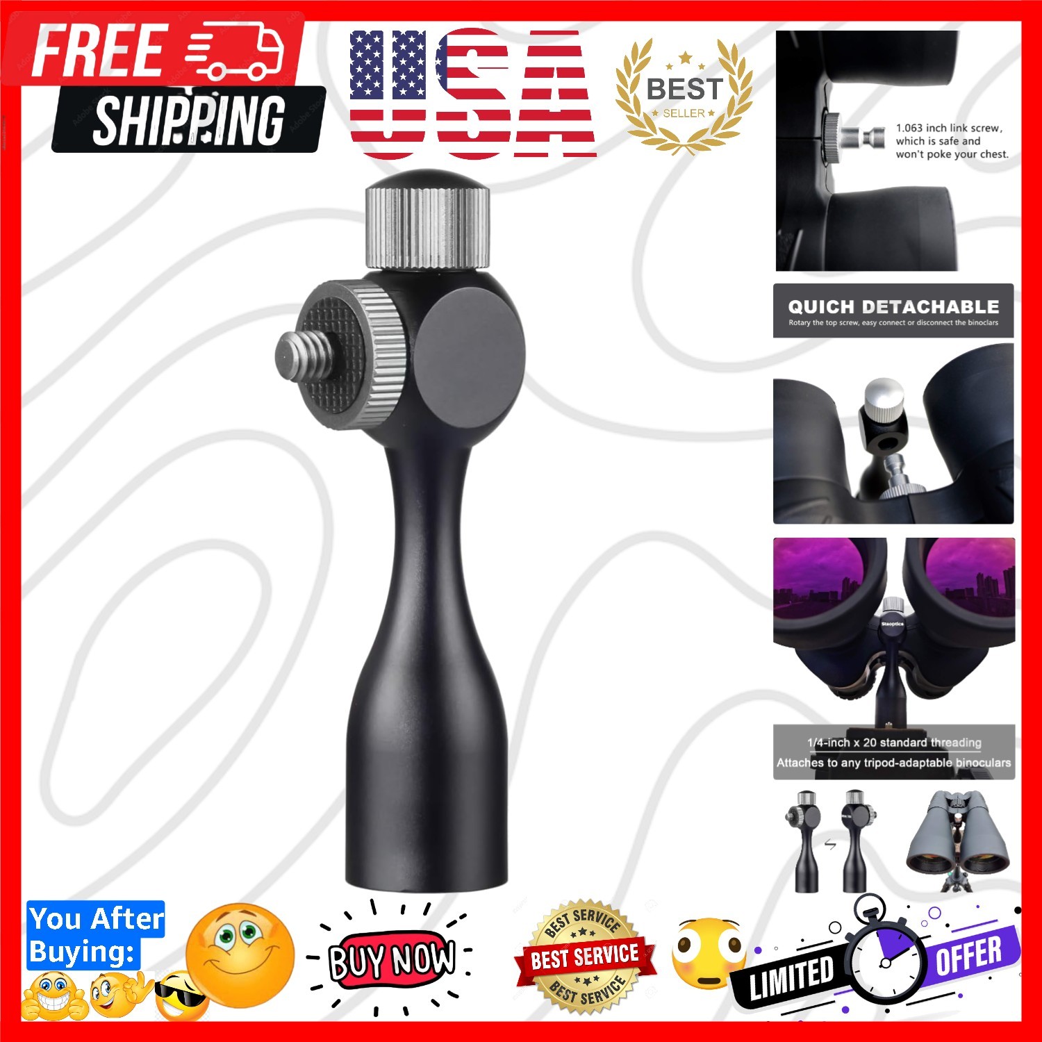 Binocular Tripod Adapter Quick Release 1/4-20Inch Threading Detachable Mount ...