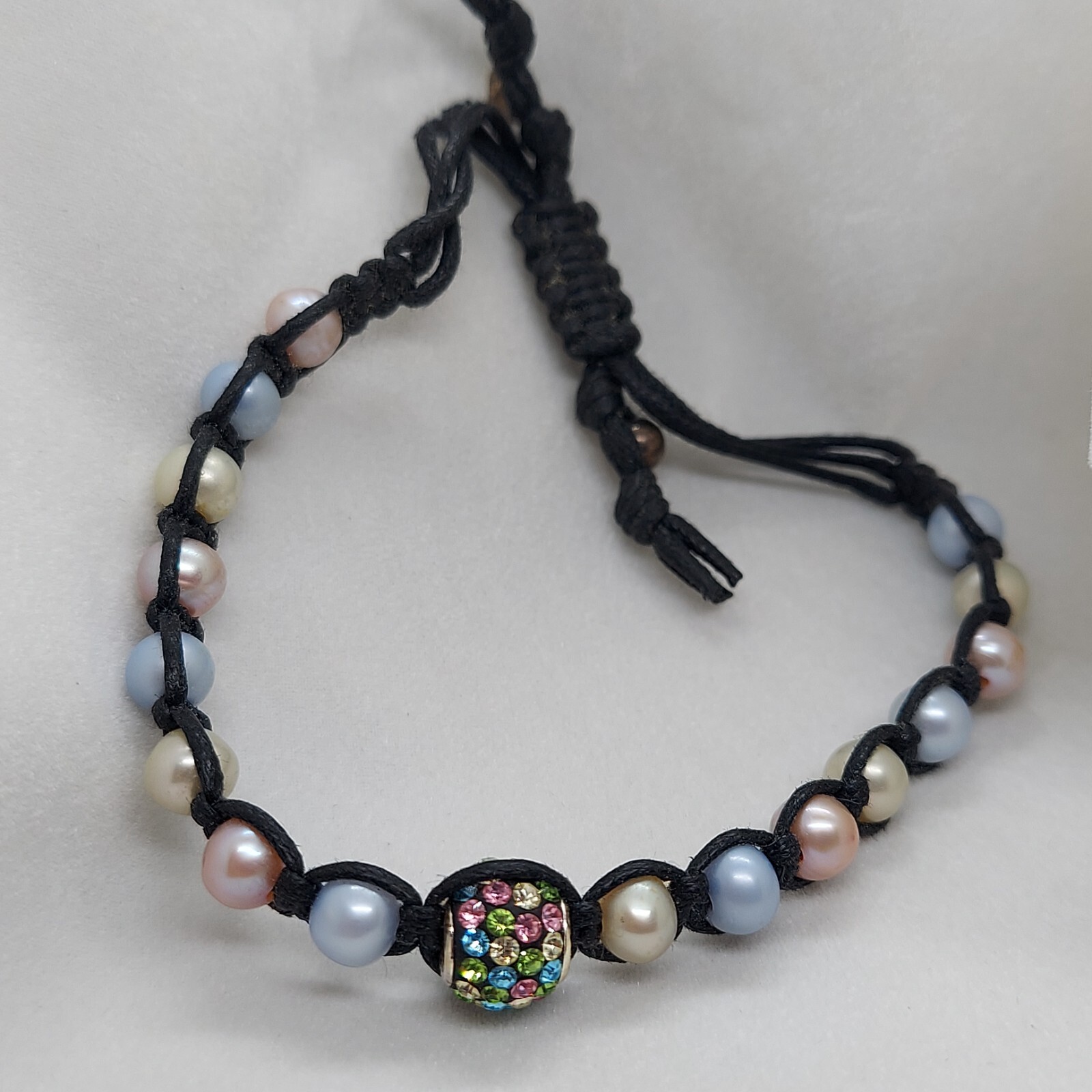 Genuine Pearl Black Chord w/ Rhinestone Bead Bracelet Handmade  5.4 in to 7.8 in