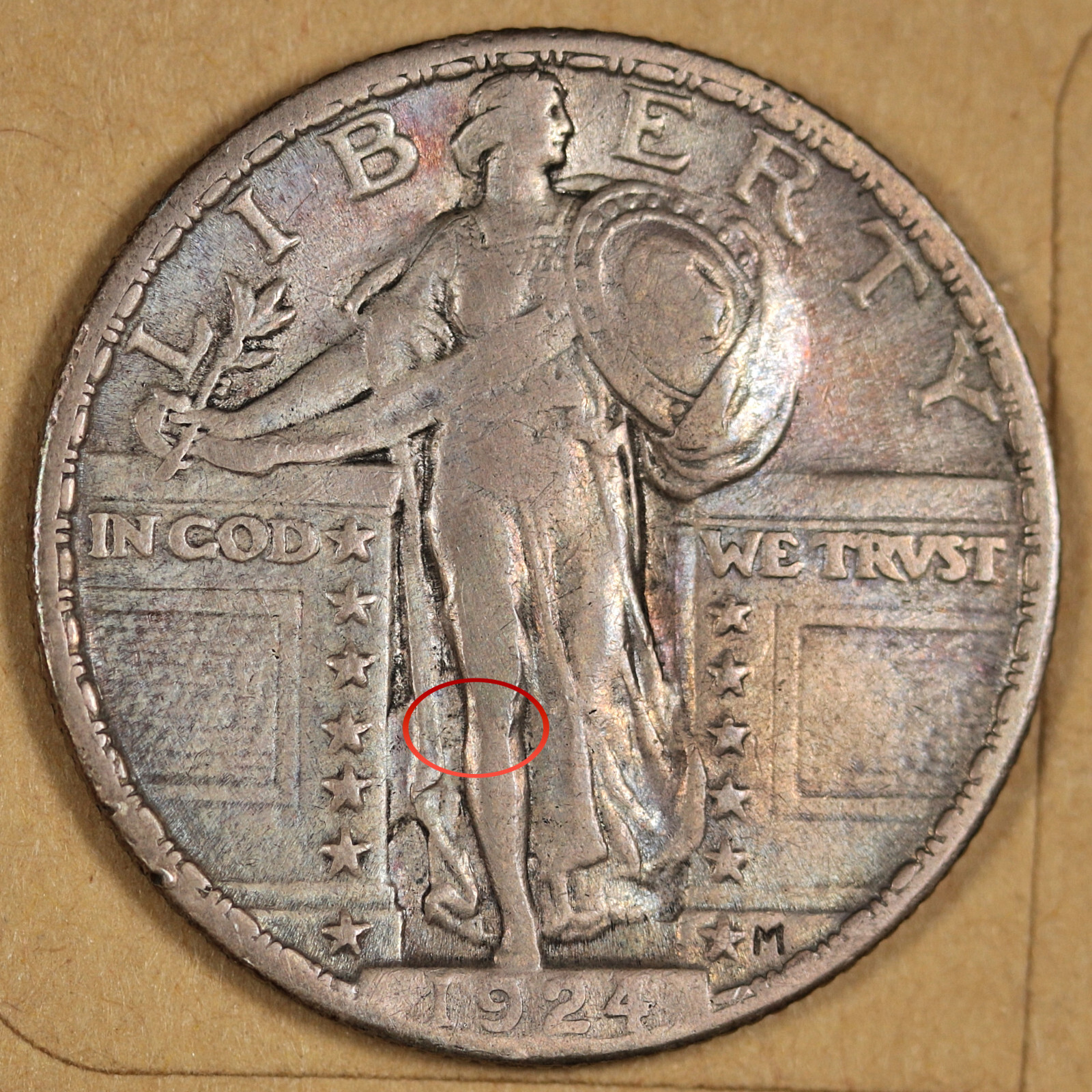 1924-P Standing Liberty Quarter.  Error Clashed "E".  "Perfect" VF.  194464