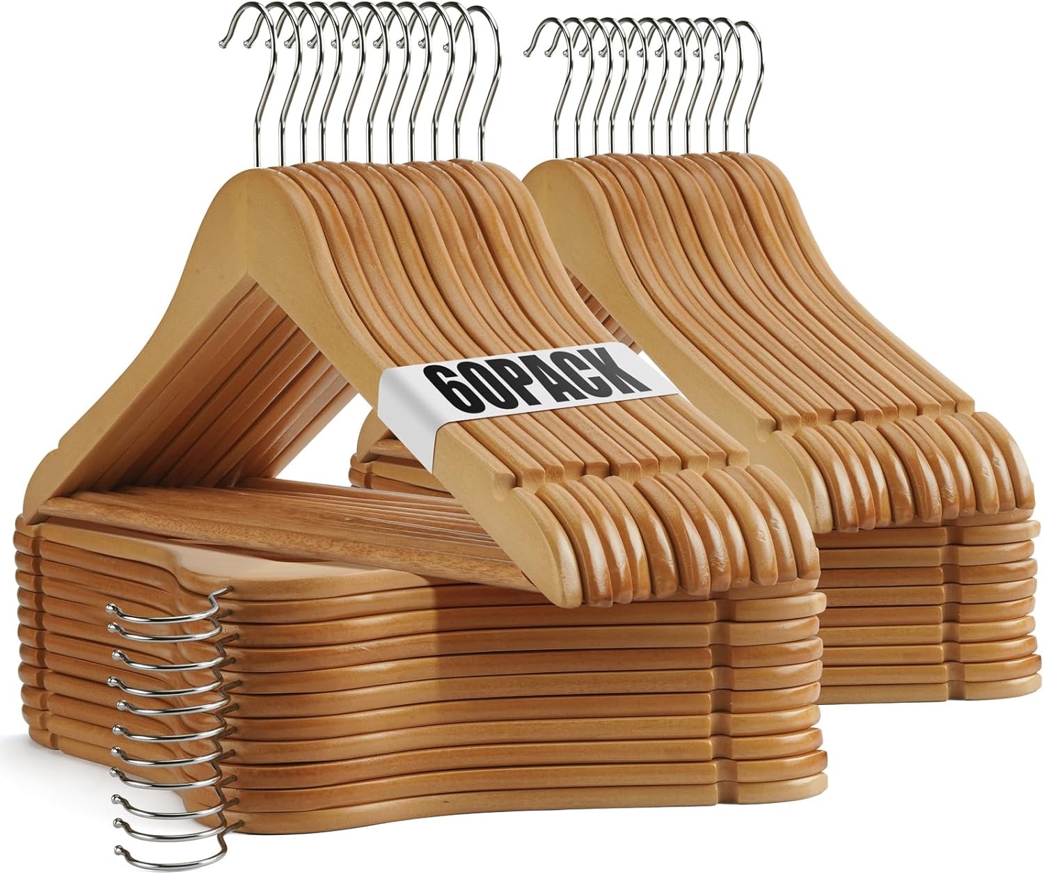 Premium Wooden Hangers 60 Pack Non-Slip Coat Clothes Hangers w/360° Swivel Hook