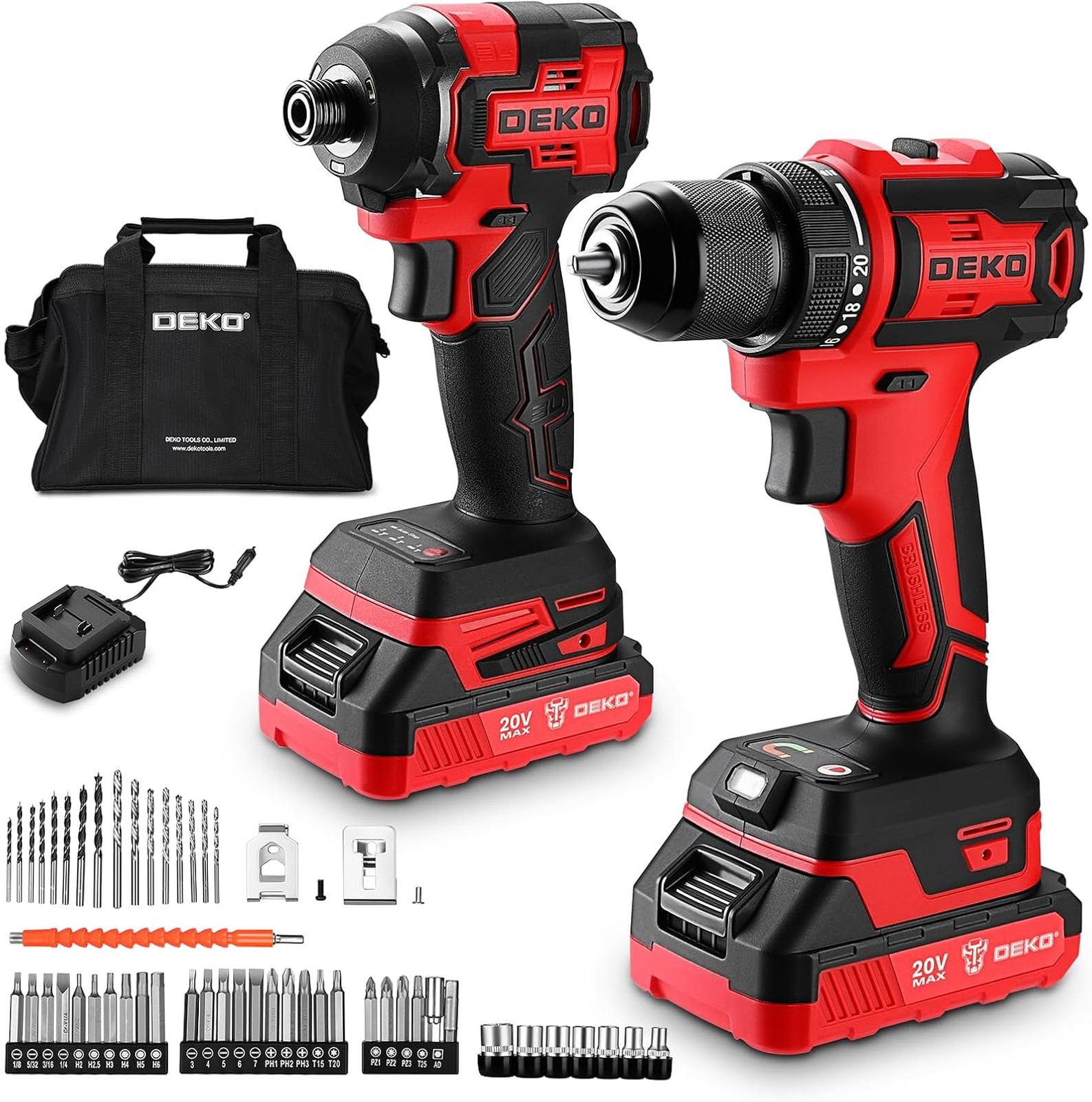 20V Brushless Cordless Drill and Impact Driver Set with Batteries Charger and