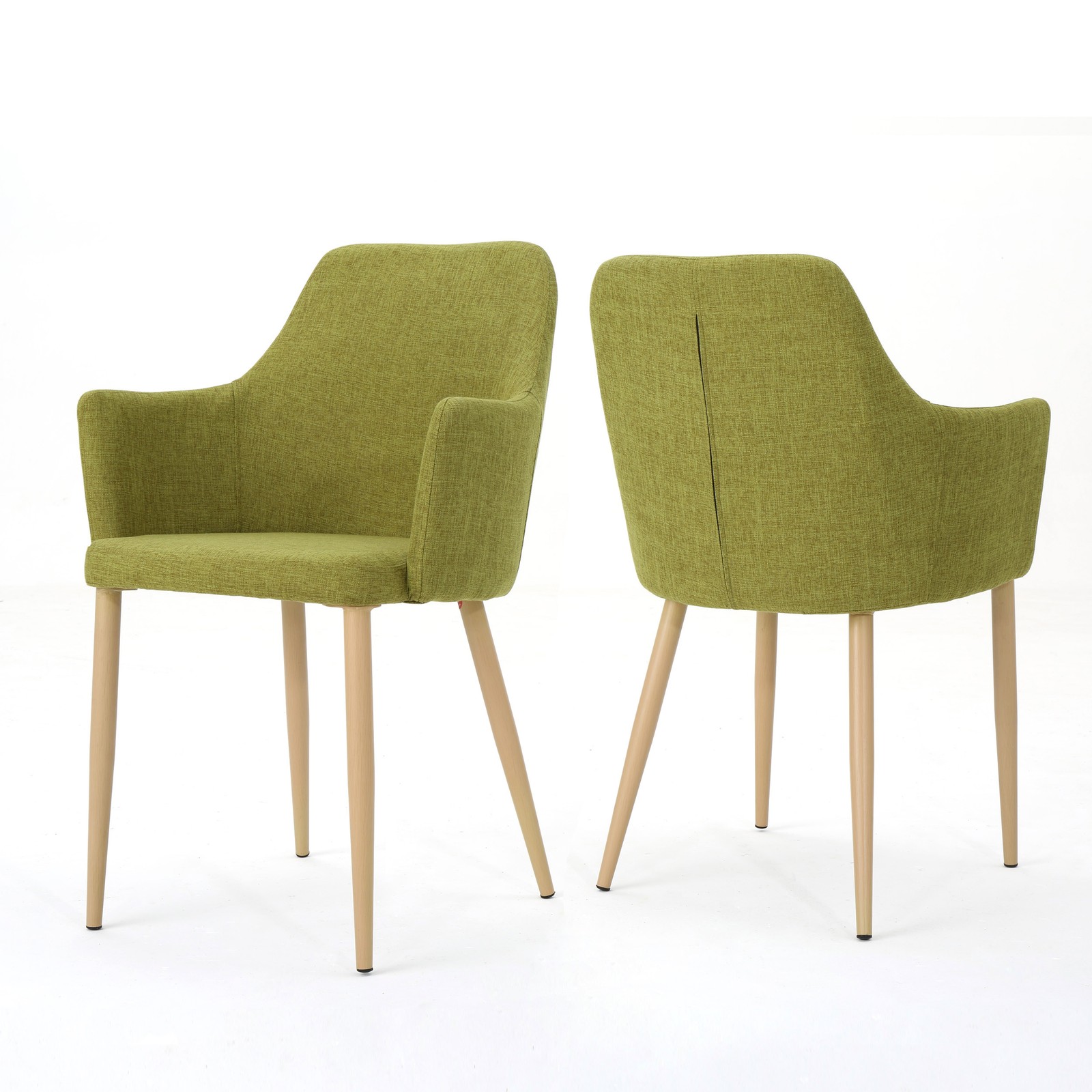 Green Fabric Dining Chairs Set of 2, Wood Finish Iron Frame Contoured Seat