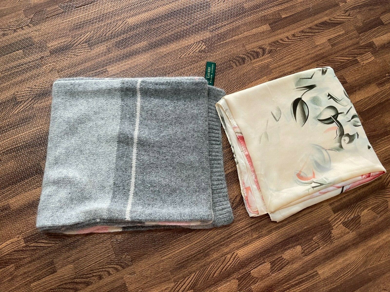 Lot of 2 pcs Scarves: Cream Shawl Scarf and Ralph Lauren Gray-Pink