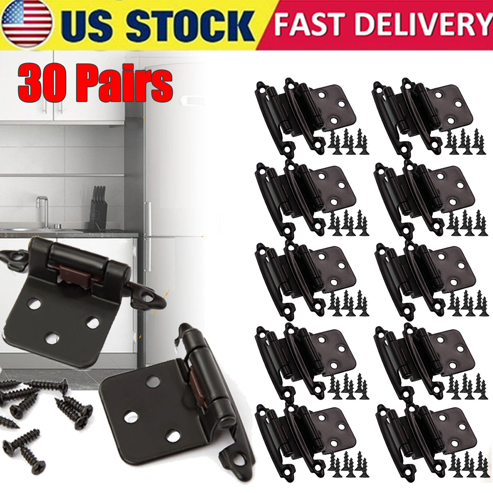 60PCS Cabinet Hinges 1/2" Overlay Face Mount Soft Closing Kitchen Cabinet Hinges