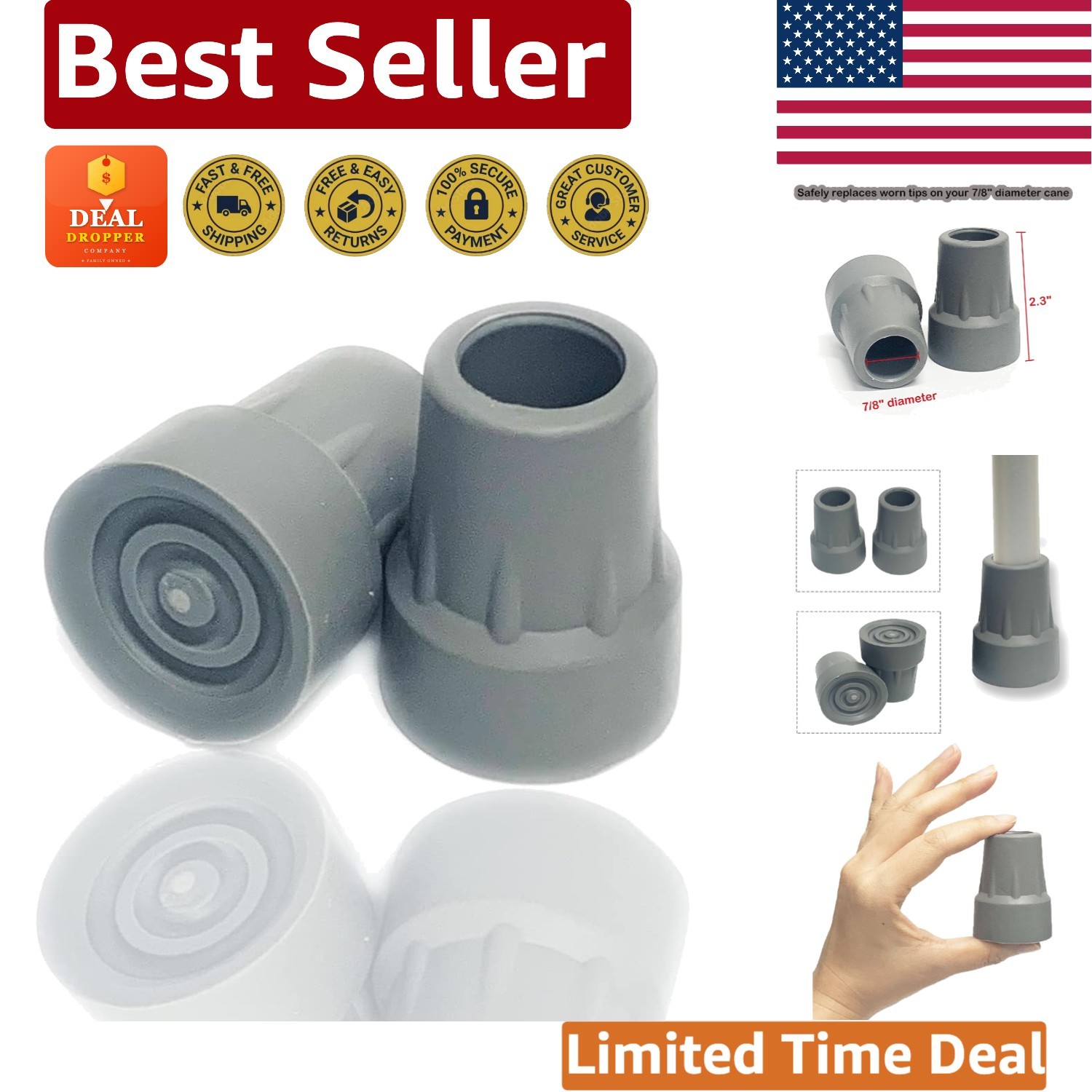 Set of 2 Gray Rubber Crutch Tips, 7/8 Inch - Easy Install, Non-Slip Grip Design