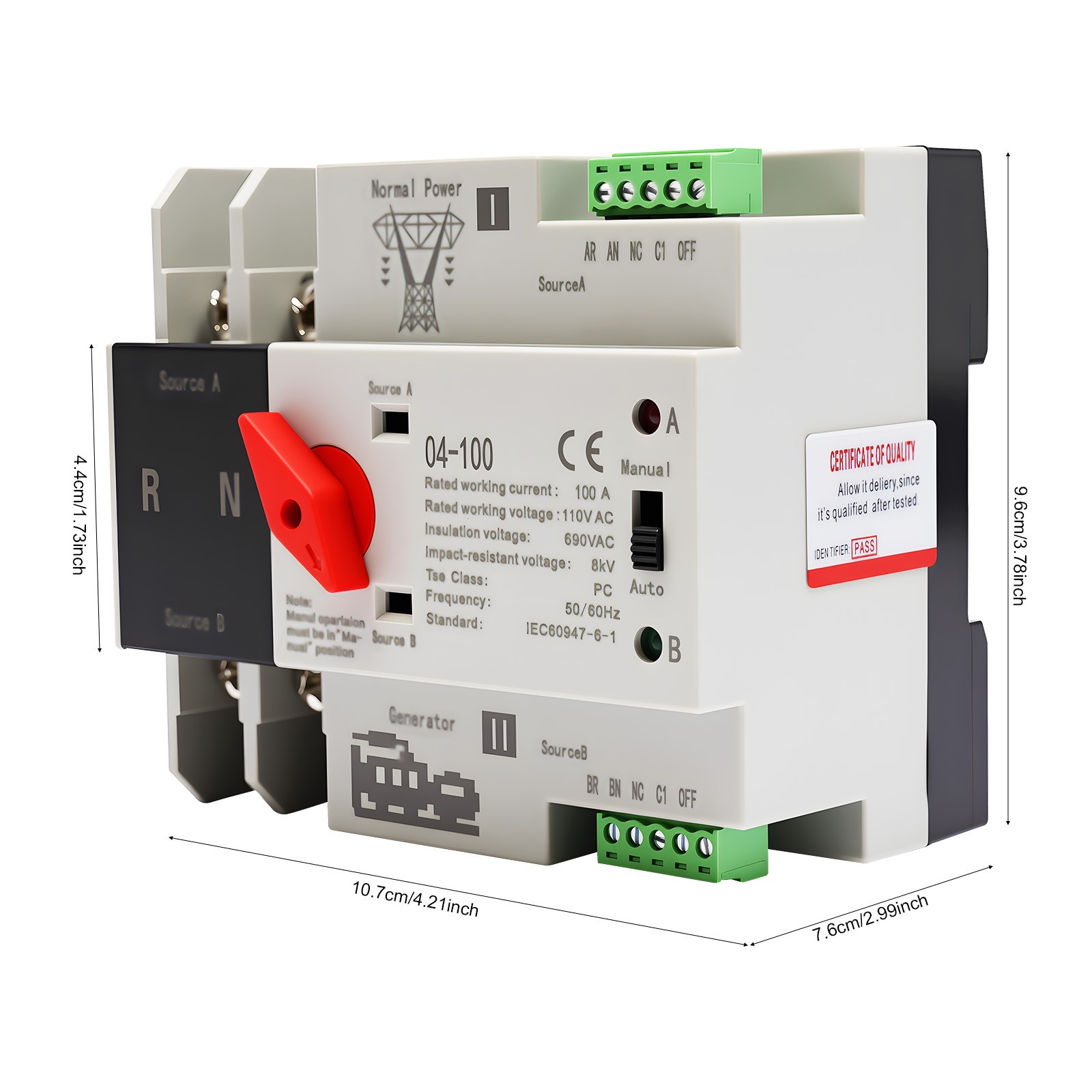 100A PC Level Dual Power Automatic Transfer Switch 2P Generator Changeover 110V