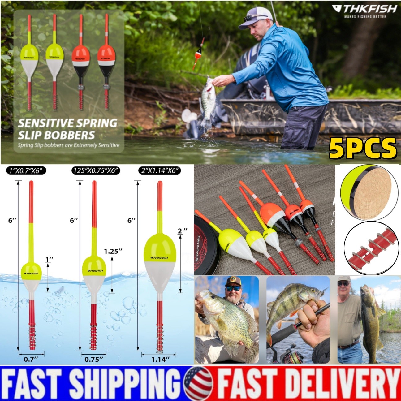 5PC Fishing Floats Bobbers Balsa Wood Floats Oval Stick Slip Bobbers for Fishing