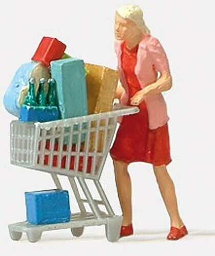 Preiser Shopaholic with Loaded Cart - Model Railroad Figure - HO Scale - #28081