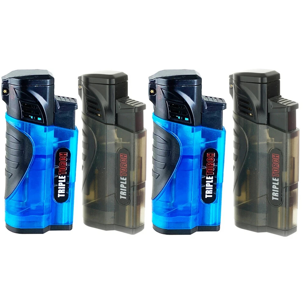 4 PACK QUAD Clear Color Torch Lighter Adjustable Flame W/Cigar Puncher