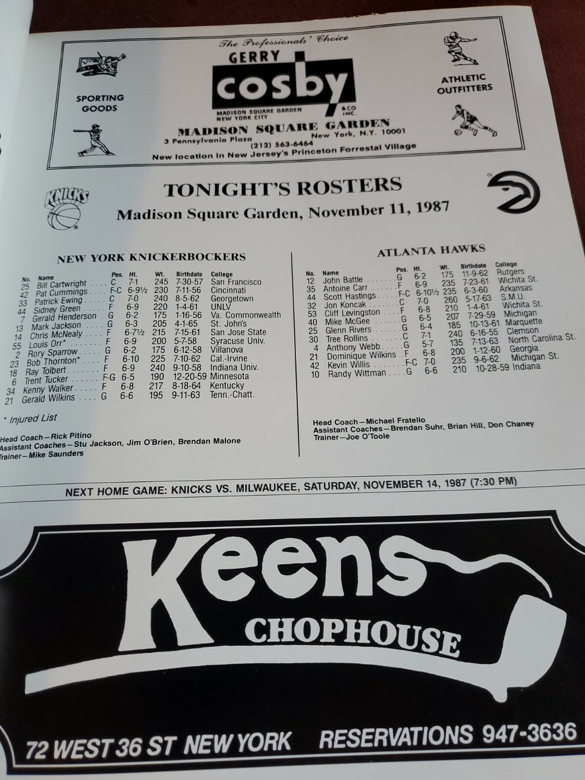1987 Knicks Program November 10, 1987 Atlanta Hawks Ewing/Wilkins/mark jackson