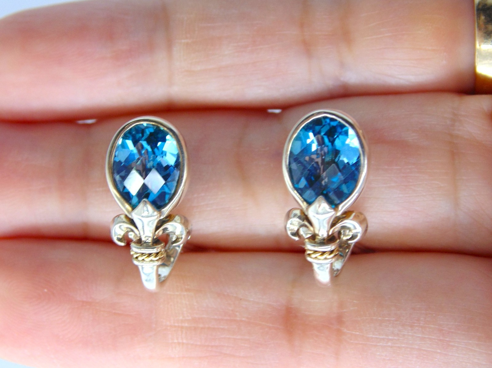 EFFY Blue Topaz Omega Back Fleur de Lis EARRINGS 925 Sterling & 18k Yellow Gold