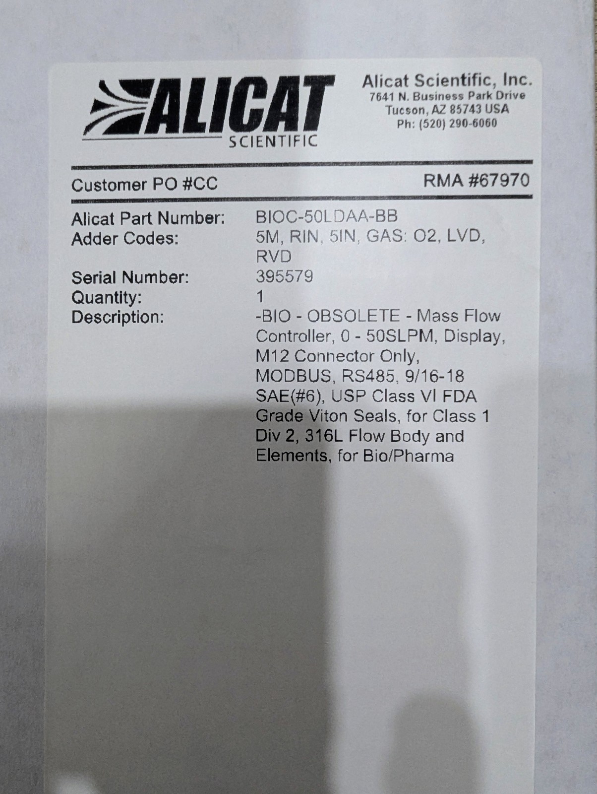 Brand New Alicat BIOC-Series Mass Flow Controller