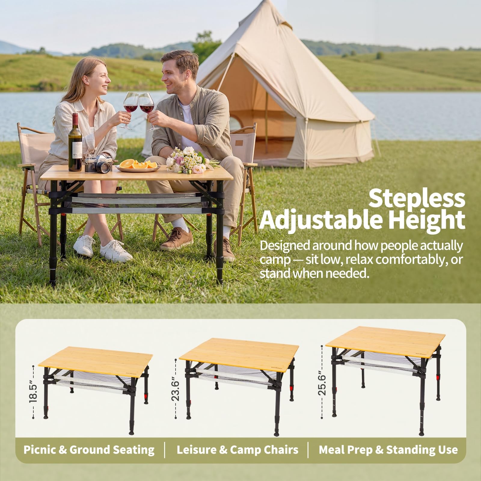 39.4'' Large Bamboo Camping Table, Adjustable Height Folding Outdoor Table wi...