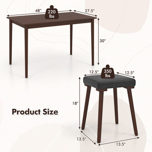 5 Piece Dining Table Set for 4 with 4 Upholstered Stools and Rubber Wood Legs-Br