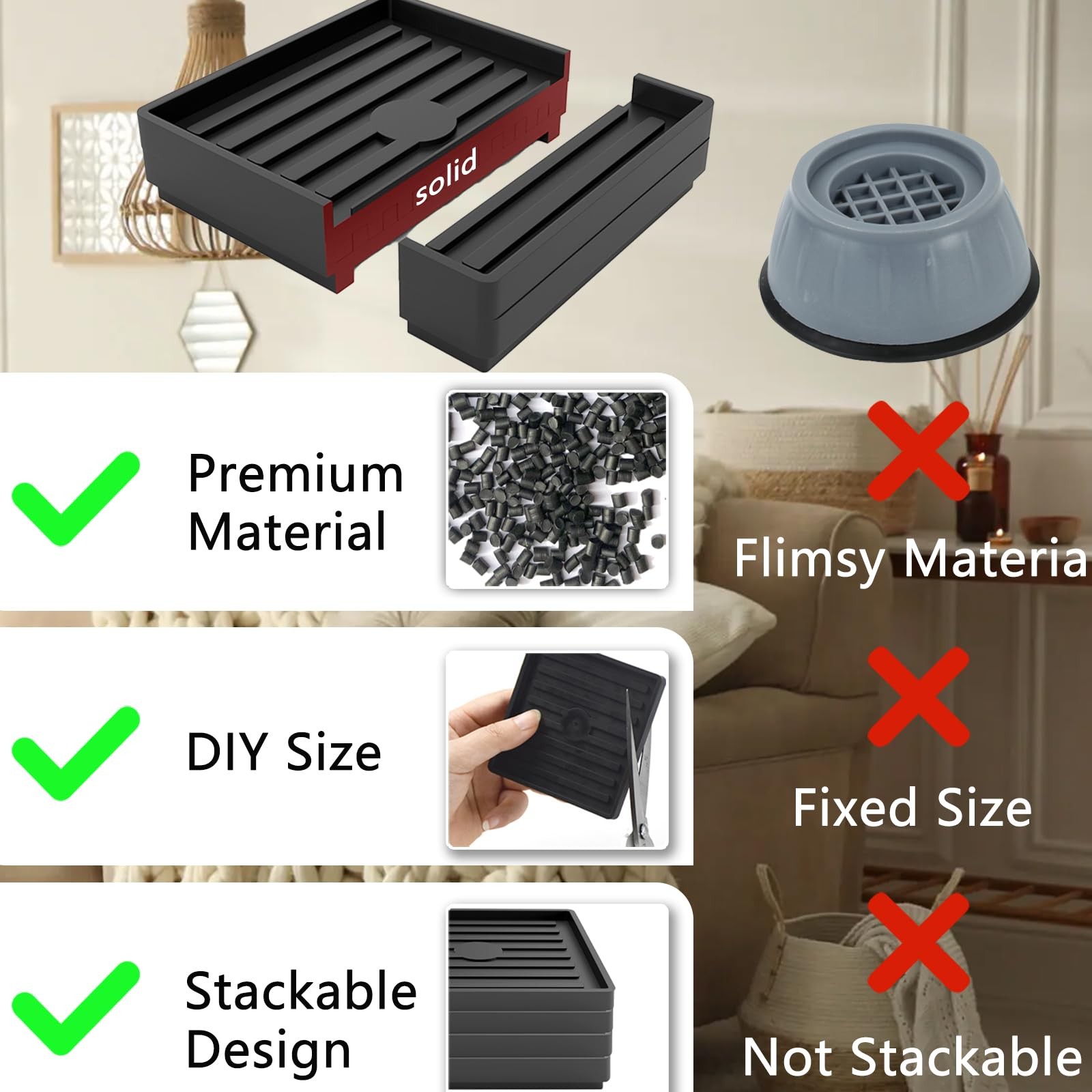 8 Pack Heavy Duty Bed Risers Stackable Square Adjustable 0.5-2 Inch Lifts