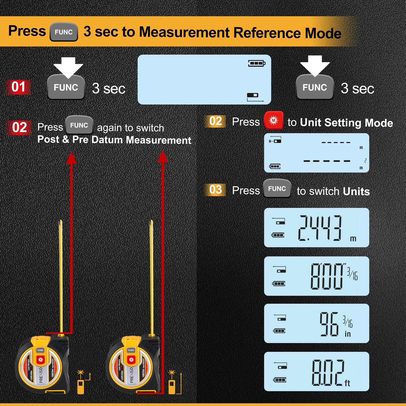 PREXISO 2-in-1 Laser Tape Measure 16Ft Measure Tape&135Ft Laser Measurement Tool