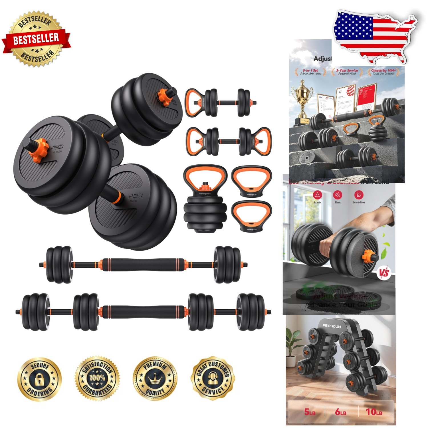 Solid Iron Sand Adjustable Dumbbells 5-in-1 Home Gym 20-90lbs Barbell Connector