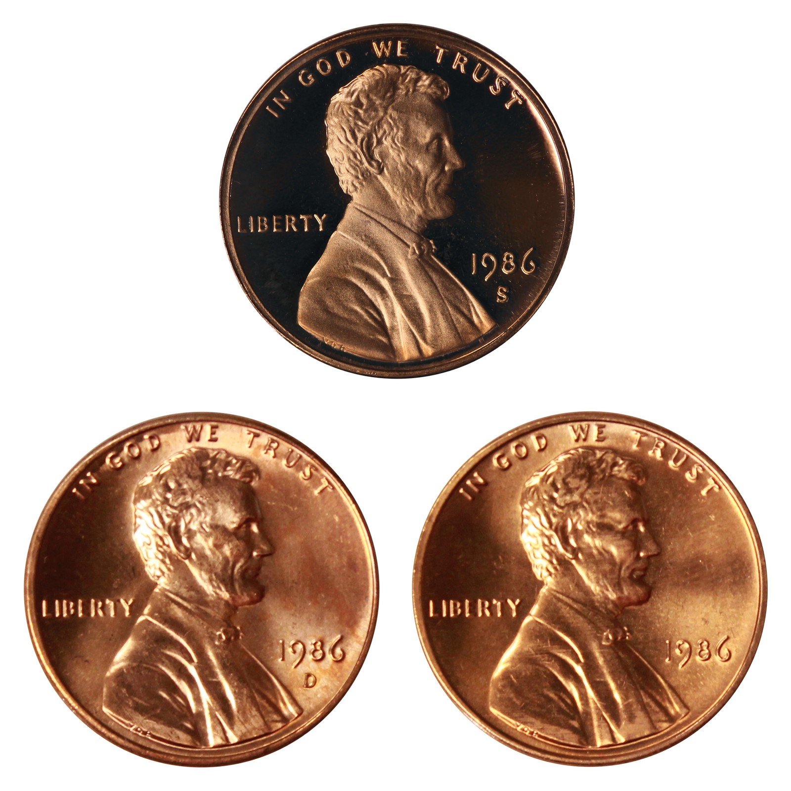 1986 P D S Lincoln Memorial Cent 1c Year set Proof & BU US 3 Coin lot