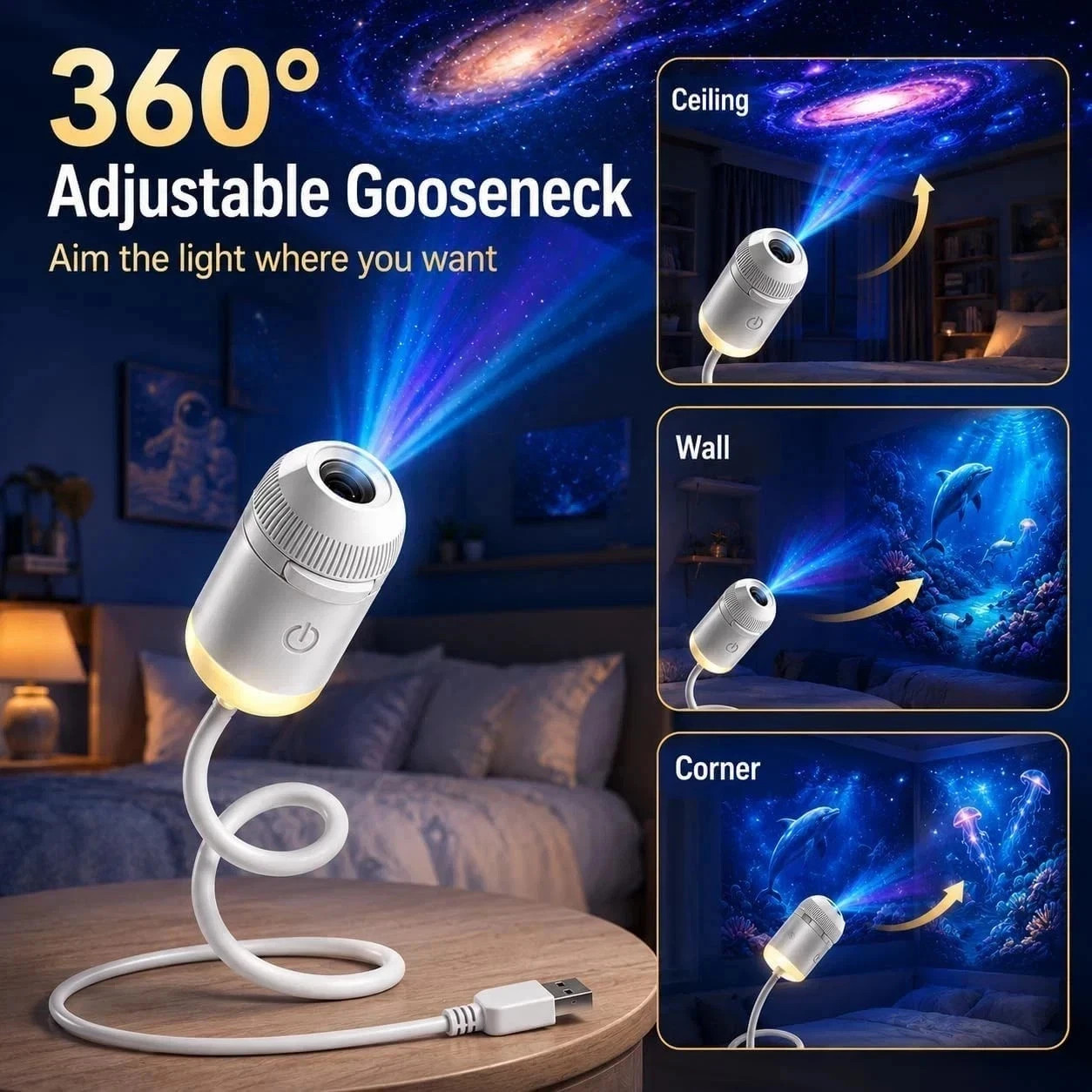 HD Smart Dynamic 5D Holographic Night Light Projector, 2-in-1 Galaxy Star