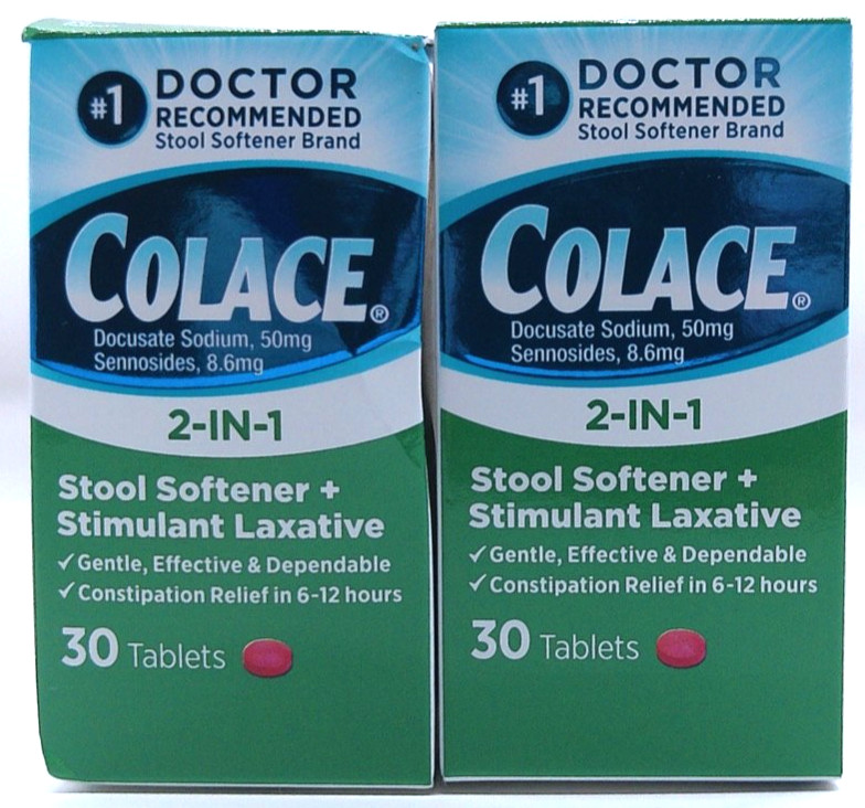 2Pk- Colace 2-In-1 Stool Softener + Stimulant Laxative, 60 Total Tablets, 7/28+