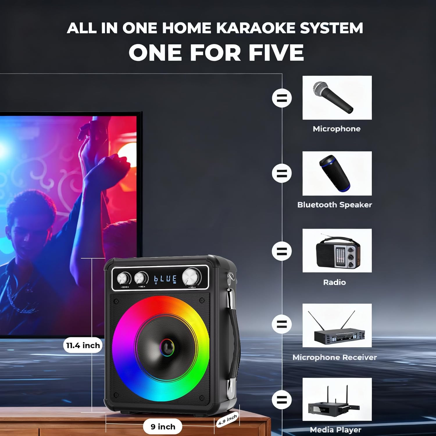 Karaoke Machine with 2 Wireless Microphones, Portable Bluetooth Speaker for Adul
