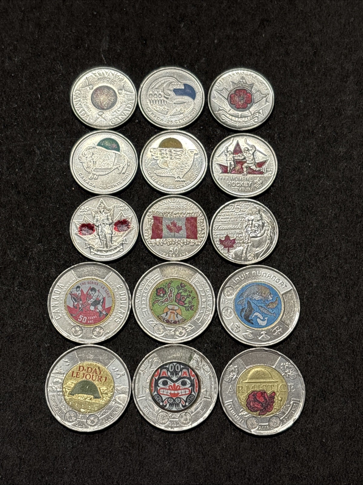 Collection Of Canada Coloured $2 Dollars & 25 Cents Coins
