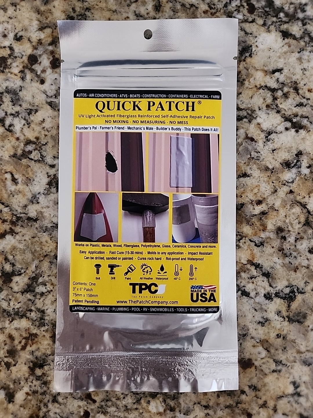 TPC The Patch Company Quick Patch 3"X6" UV Light Activated Fiberglass Repair New