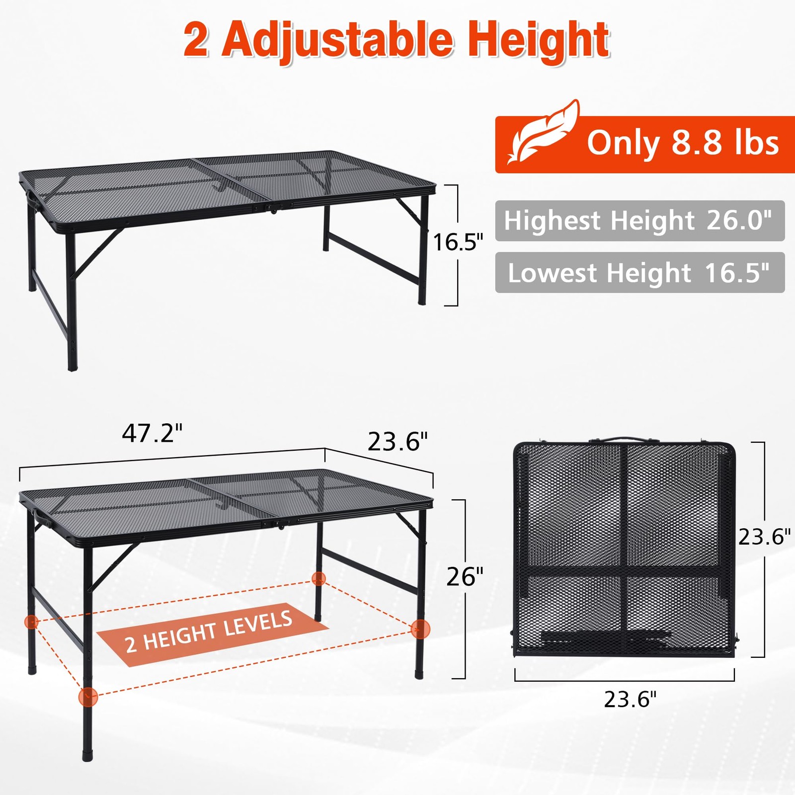 Folding Grill Table, 4x2 FT Portable Camping Table, Lightweight Height Adjust...