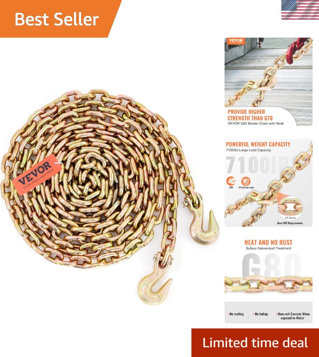 Secure 3/8'' x 20' G80 Logging Chain with Grab Hooks – Reliable for Transporting