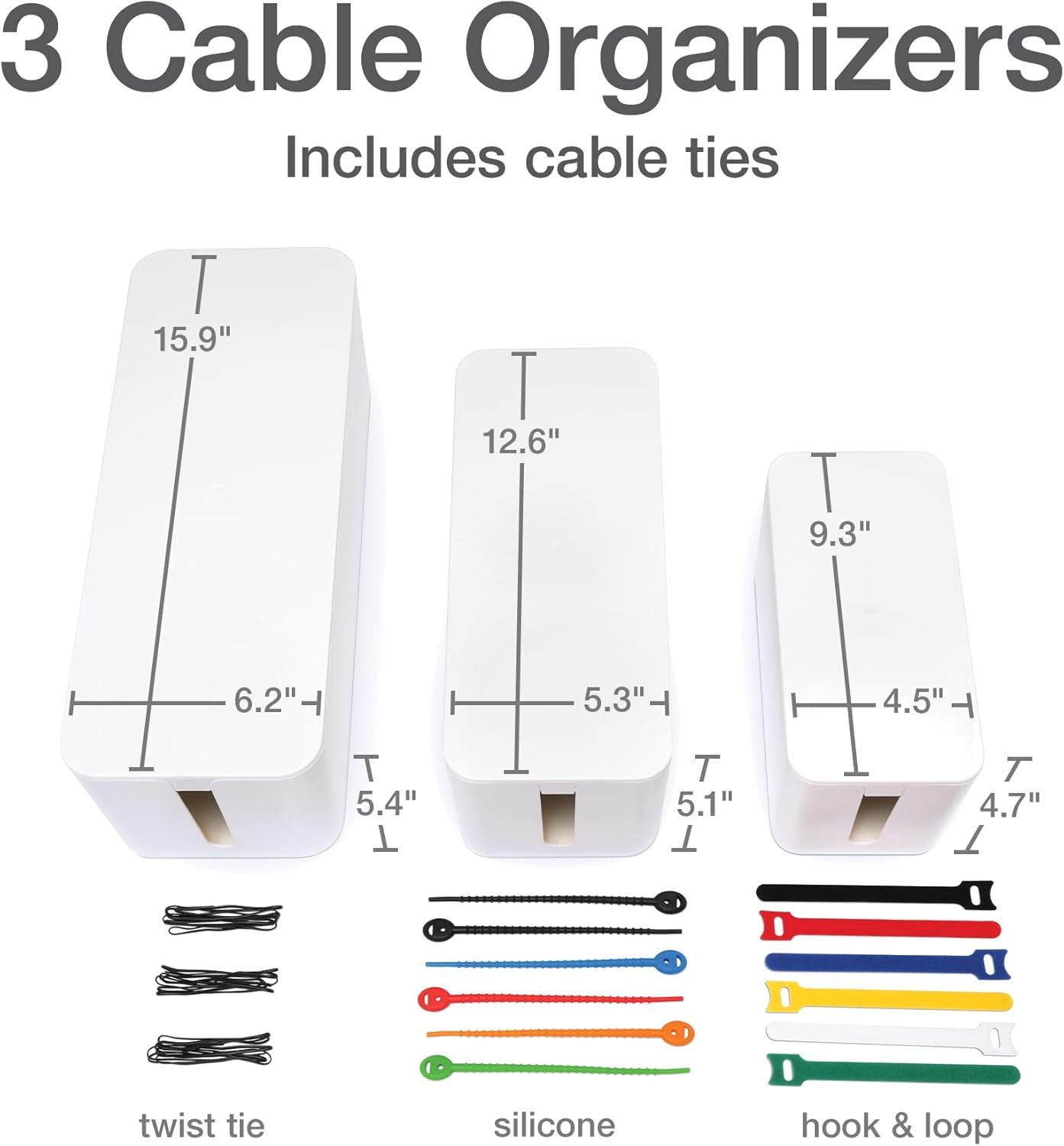 Oxford Cable Management Boxes, 3 Pack, Small, Medium, Large, 15 Cable Ties (Hook