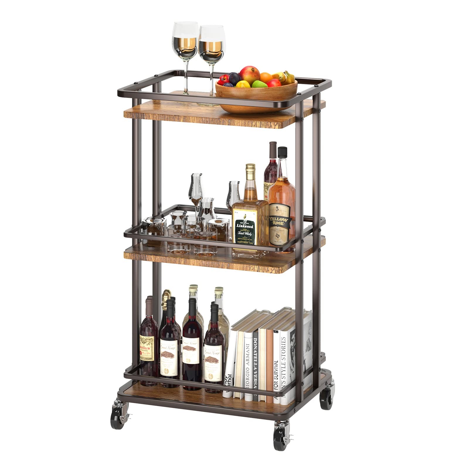 3-Tier Rolling Serving Bar Cart, Wood and Metal Kitchen Island Storage Cart w...