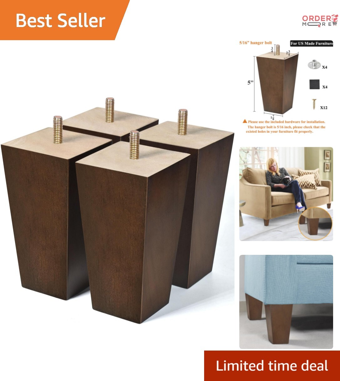 5-Inch Walnut Wood Sofa Legs - Pack of 4 Mid-Century Modern Replacement Legs