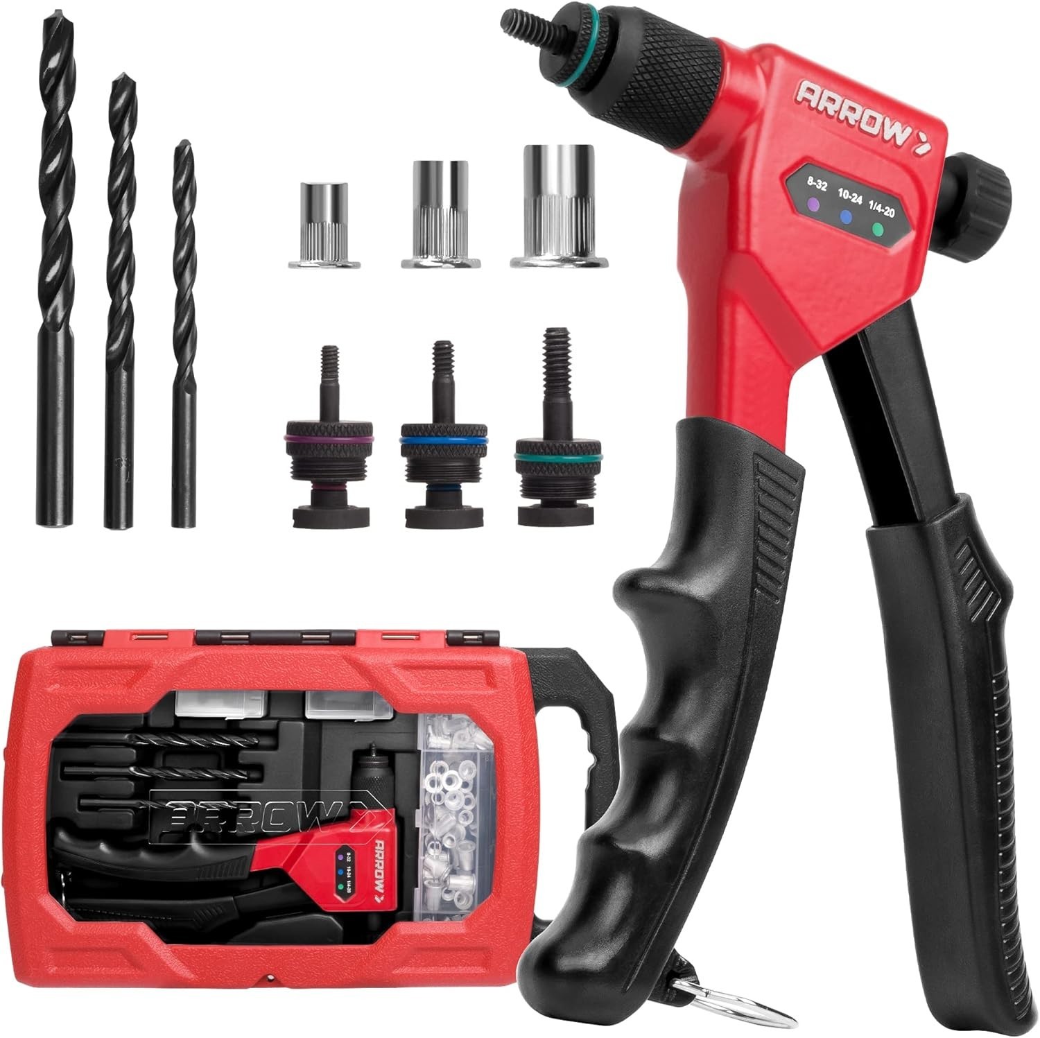 Arrow Rivet Nut Tool 8" Rivet Nut Gun Kit 75PCS Rivnuts 3PCS Drills 3PC Mandrels