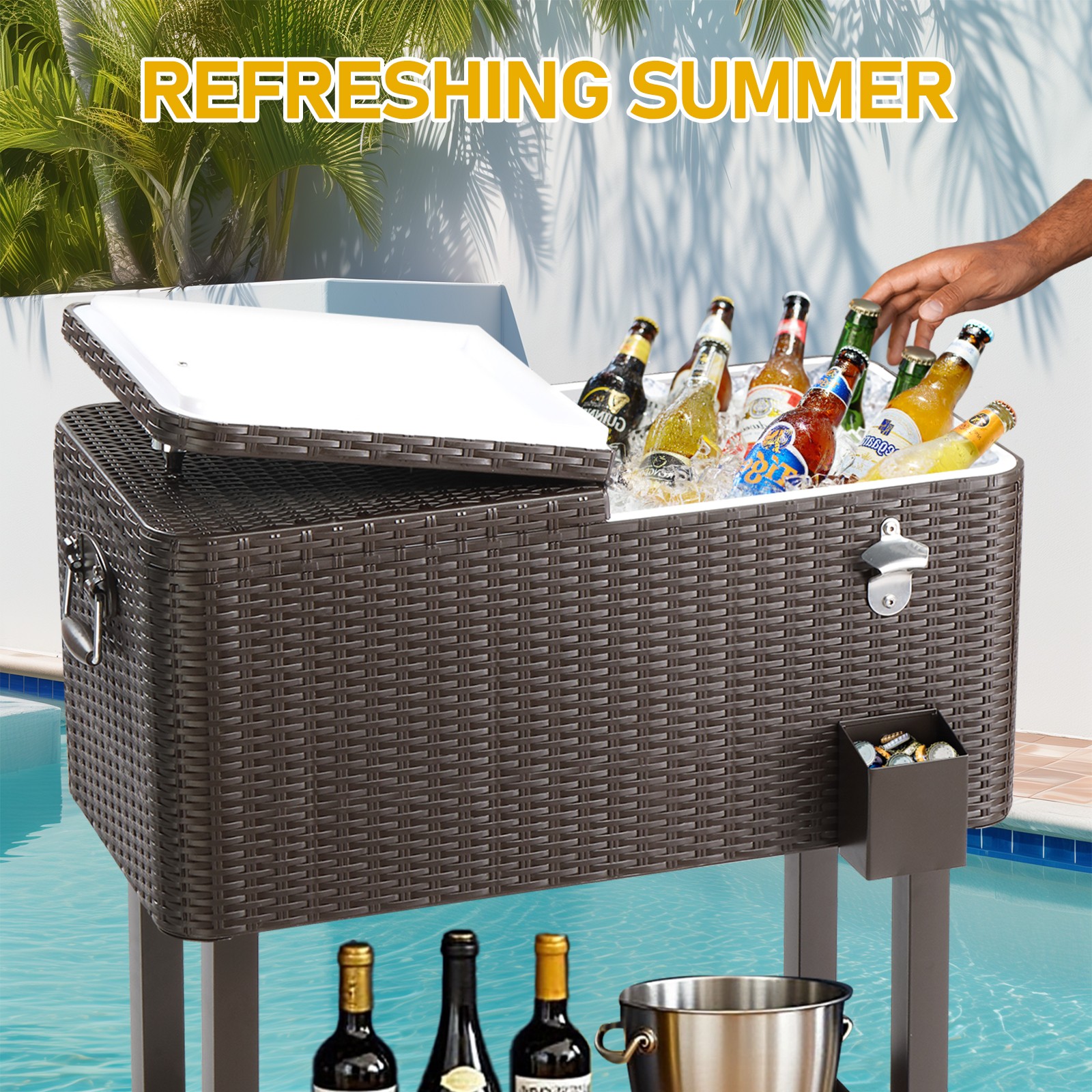 80QT Rattan Square Legs Cooler with Shelf