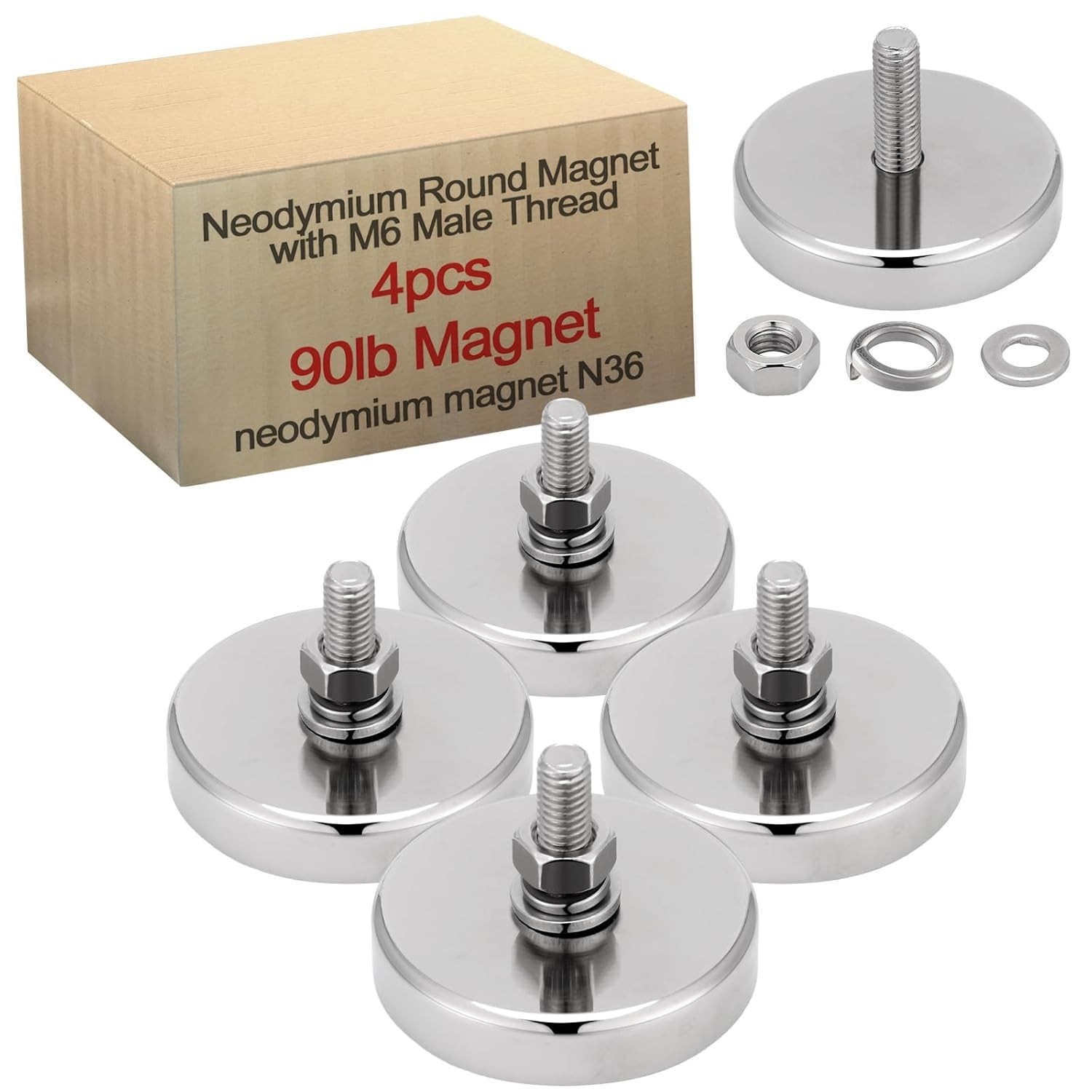 4 Pieces Super Powerful Neodymium Round Magnet with M6 Male Thread Bolts 150l...