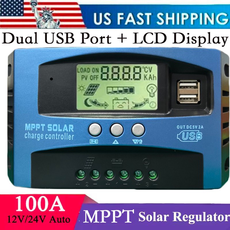 MPPT Solar Charger Controller Battery Regulator Dual USB LCD Display 12V/24V