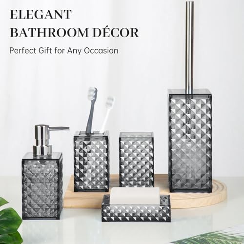Bathroom Accessory Set, Grid Pattern 5 Pcs Plastic Bathroom Set 5 Pack Grey