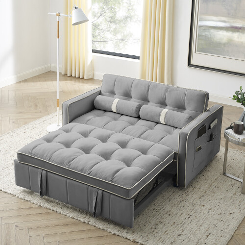 Modern 55.5" Pull Out Sleep Sofa Bed 2 Seater Loveseats Sofa Couch w/side pocket