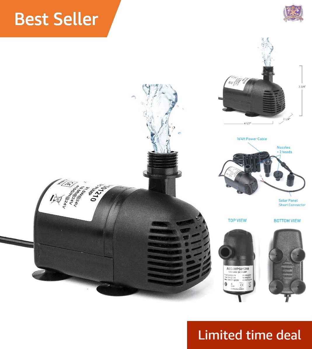 12V-24V DC Brushless Water Pump 410GPH for Ponds Aquariums Fountains