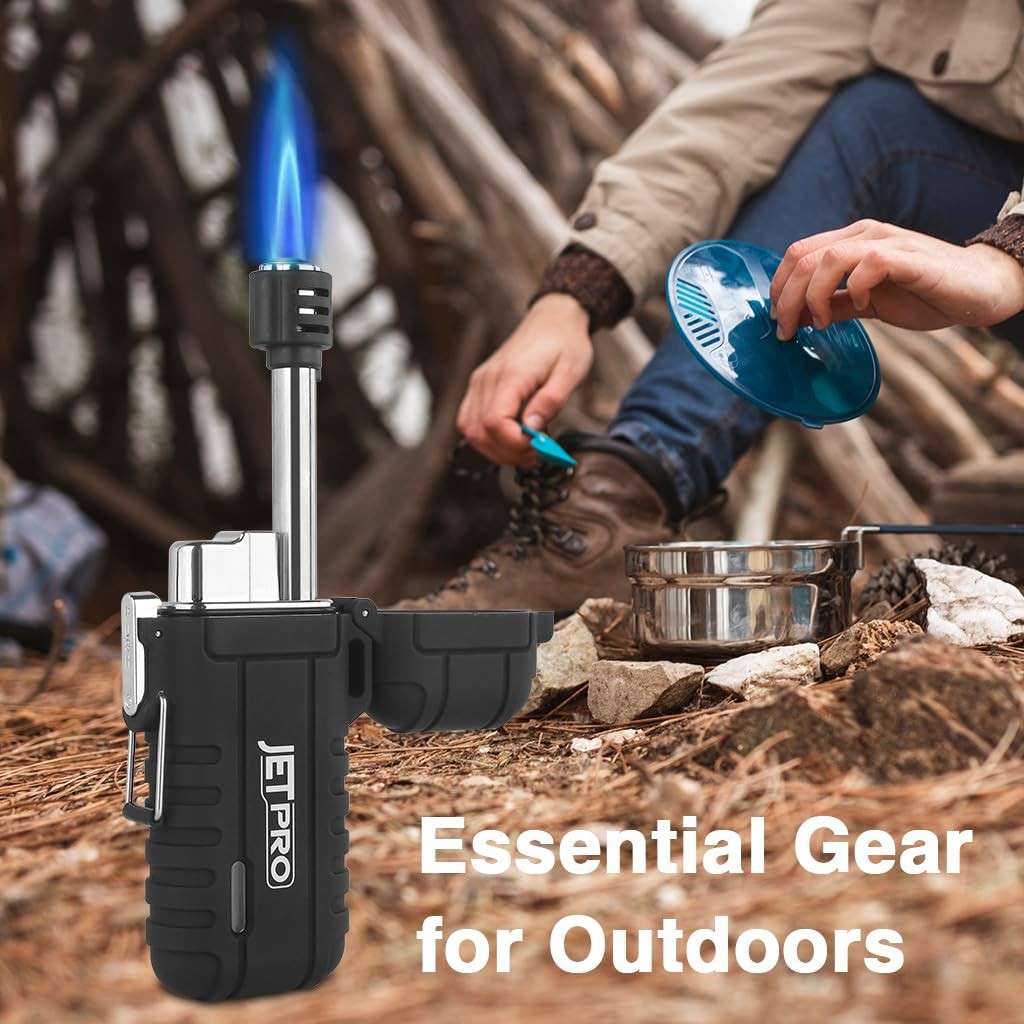 JETPRO Telescopic Refillable Butane Torch Lighter Waterproof Windproof Black