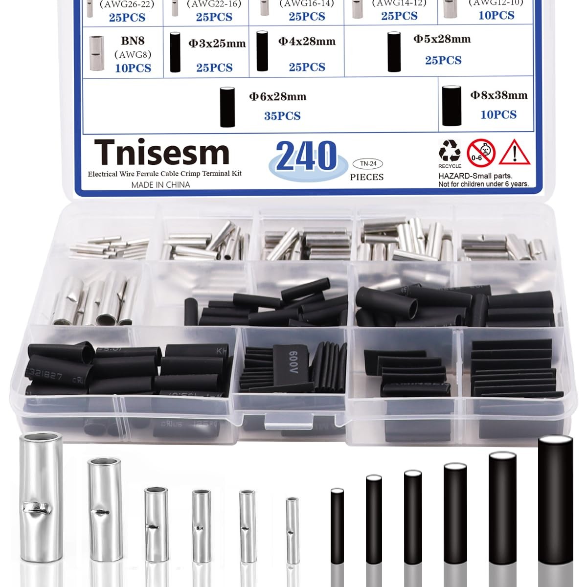 240 Pcs Non-Insulated Butt Connectors Assortment Kit,Seamless Uninsulated But...
