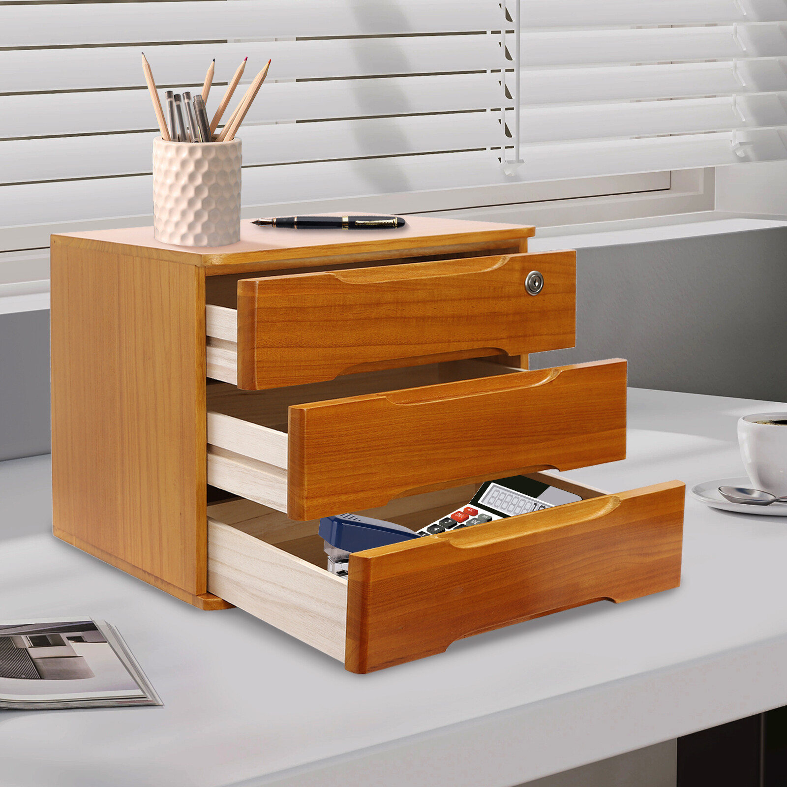 3 Tiers Wooden Desktop Storage Box, Desktop Storage Box With Lockable Drawers