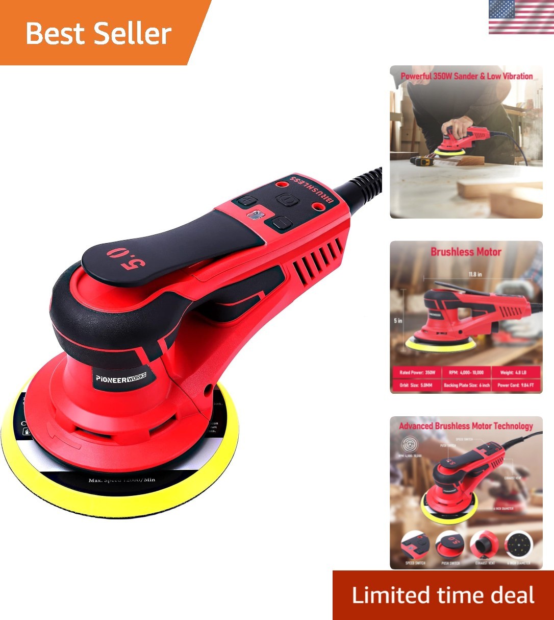 Professional-Grade 350W Brushless Palm Sander with 10,000 RPM Variable Speed