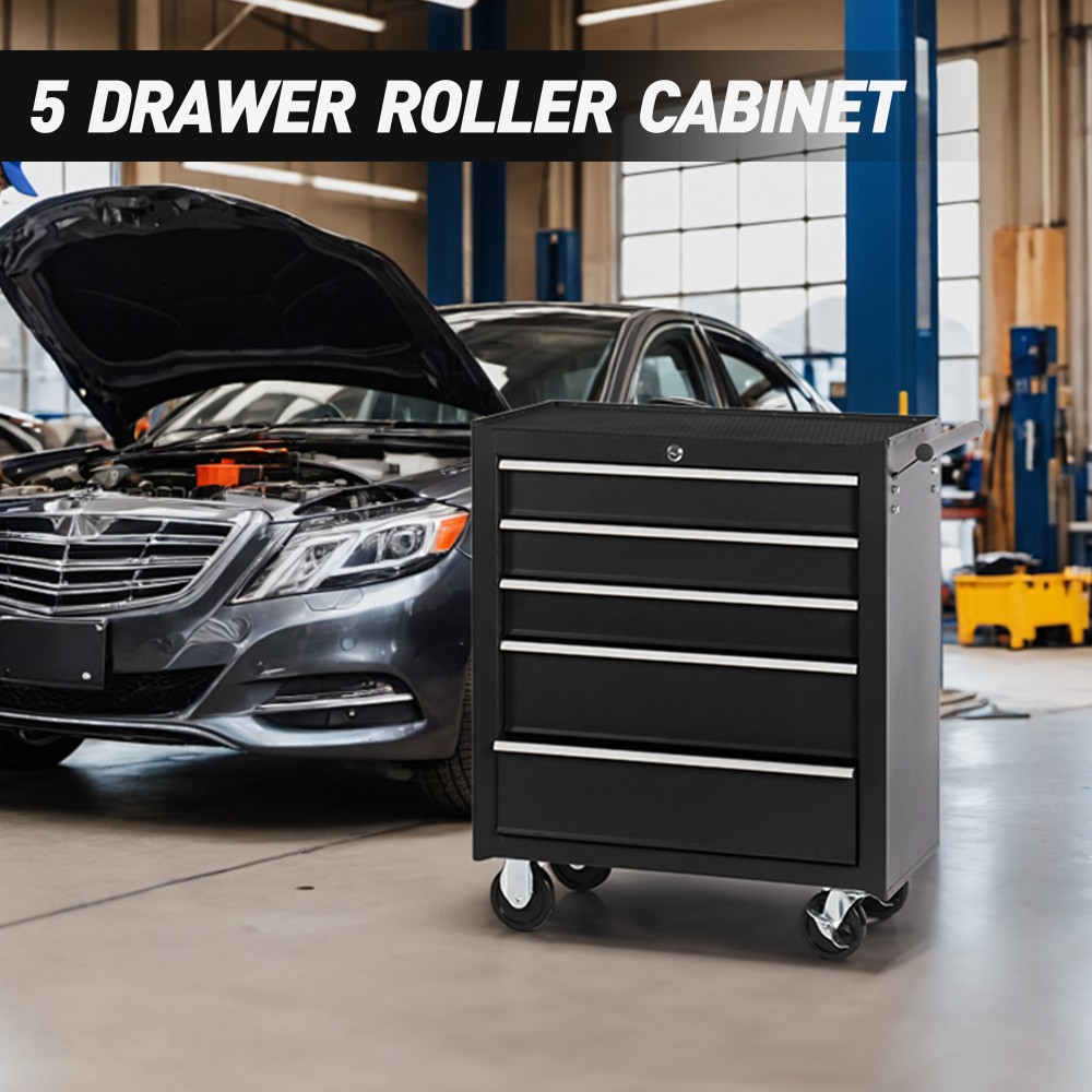 Tool Organizer Wheels Box with 5 Drawer Lock & Key, Top Cushion & Drawer Liners