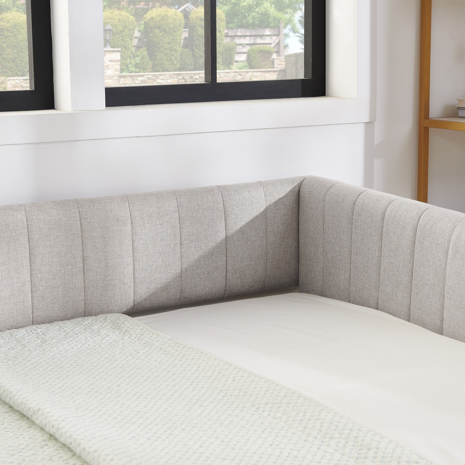 Full Daybed Modern Linen Upholstered Bed Frame Sofa Bed with Pull-Out Trundle